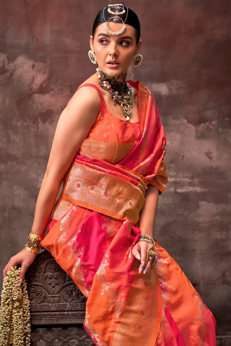 Lassitude Orange Soft Banarasi Silk Saree With Nemesis Blouse Piece - Image 2