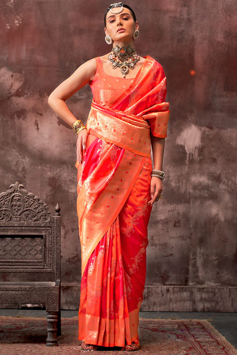 Lassitude Orange Soft Banarasi Silk Saree With Nemesis Blouse Piece - Image 3