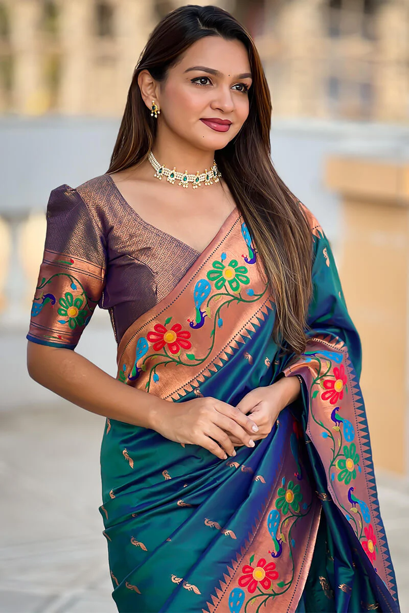 Lassitude Rama Paithani Silk Saree With Nemesis Blouse Piece - Image 5