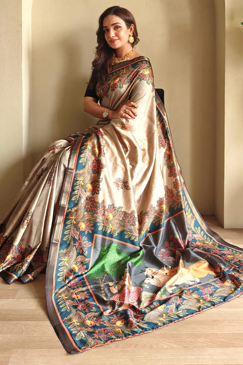 Lissome Dark Beige Soft Silk Kalamkari Printed Saree With Engrossing Blouse Piece - Image 2