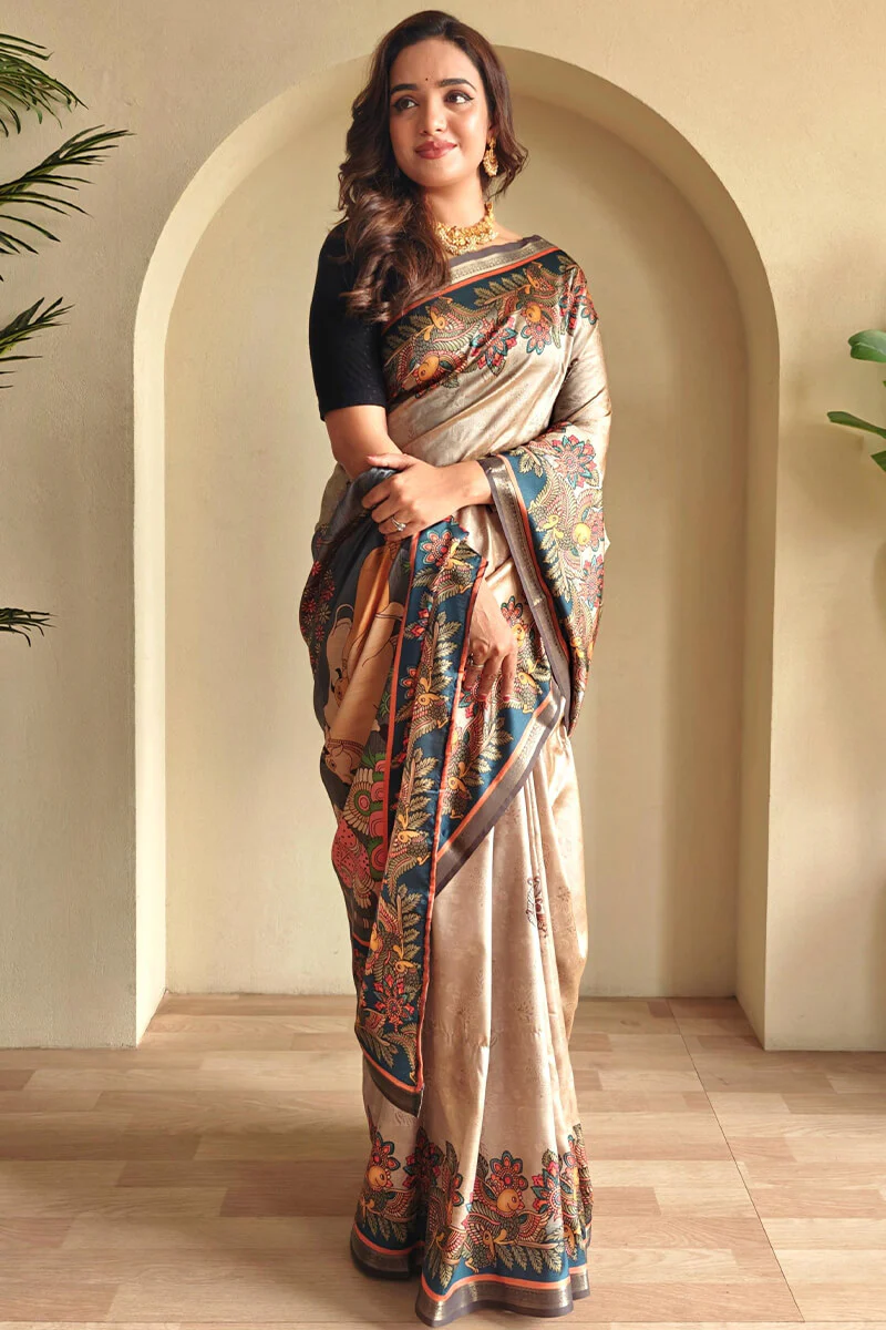 Lissome Dark Beige Soft Silk Kalamkari Printed Saree With Engrossing Blouse Piece - Image 3