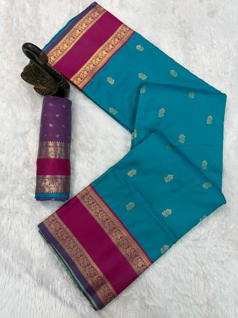 Lissome Firozi Soft Banarasi Kathpadar Silk Saree With Angelic Blouse Piece - Image 2