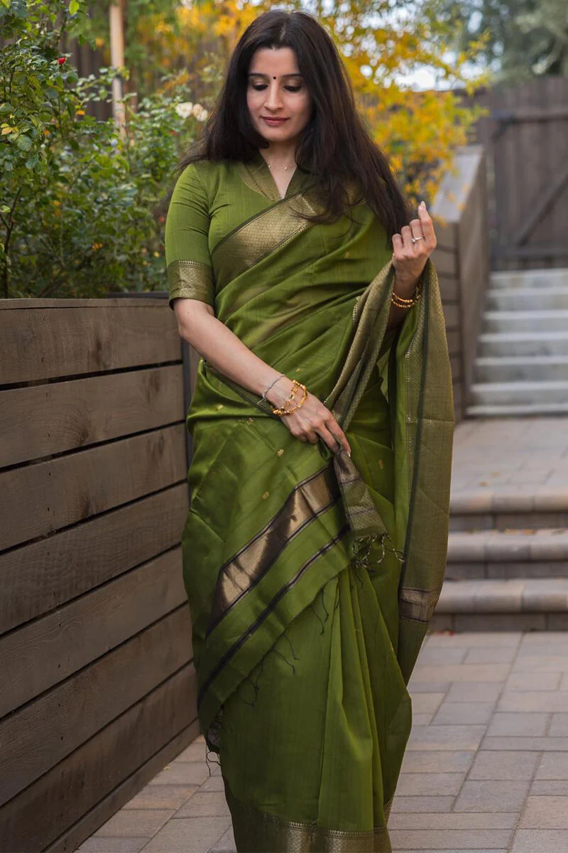 Lissome Green Cotton Silk Saree With Ratatouille Blouse Piece - Image 3