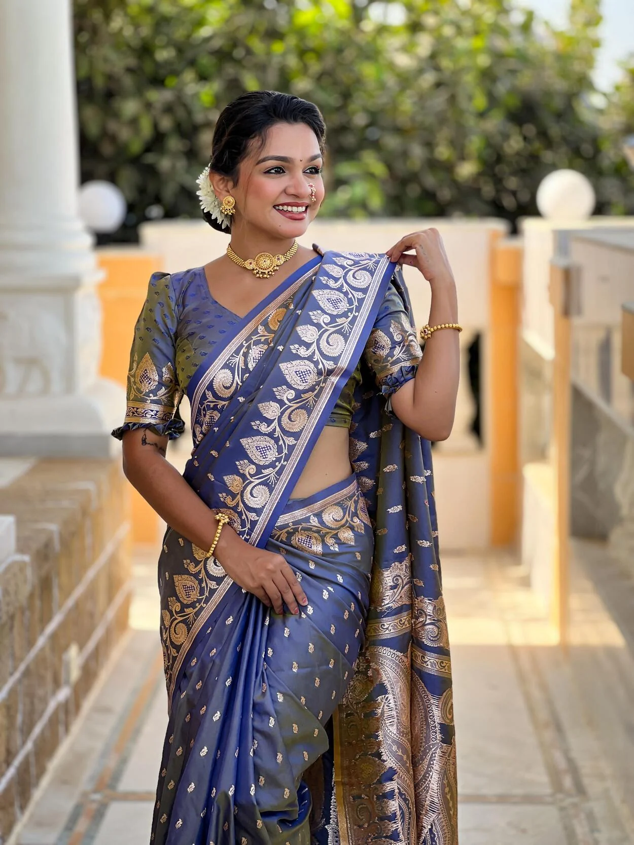 Lissome Grey Soft Banarasi Silk Saree With Ephemeral Blouse Piece - Image 2