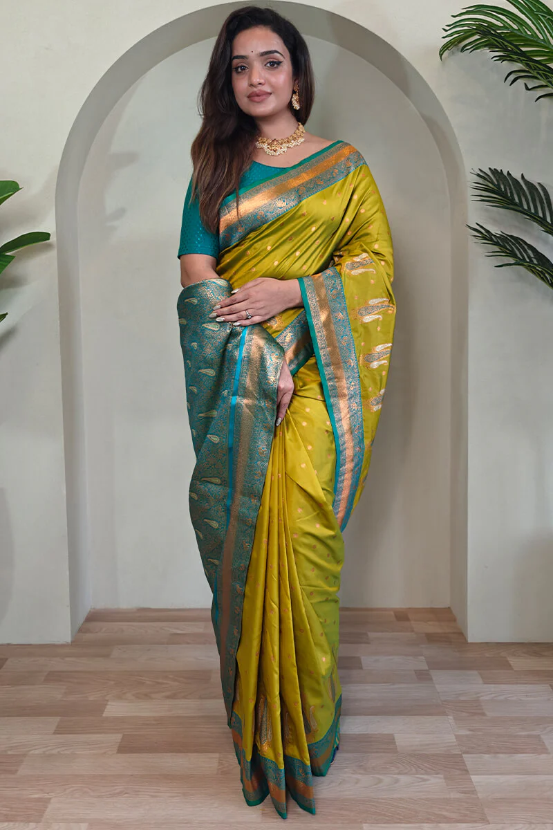 Lissome Mehndi Soft Banarasi Silk Saree With Effervescent Blouse Piece - Image 4