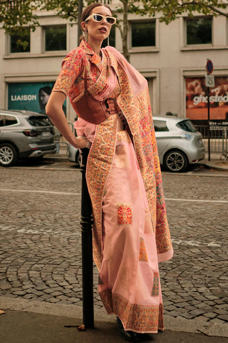 Lissome Pink Pashmina saree With Tantalizing Blouse Piece - Image 2