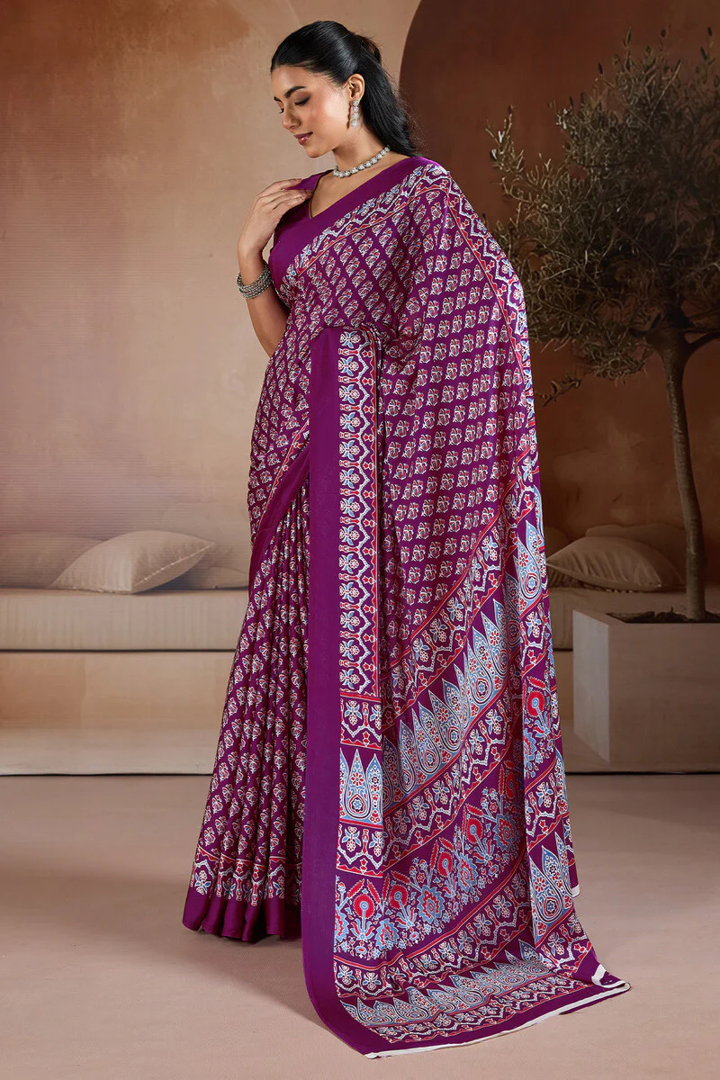 Lissome Purple Ajrakh Printed Satin Silk Saree With Desultory Blouse Piece - Image 3