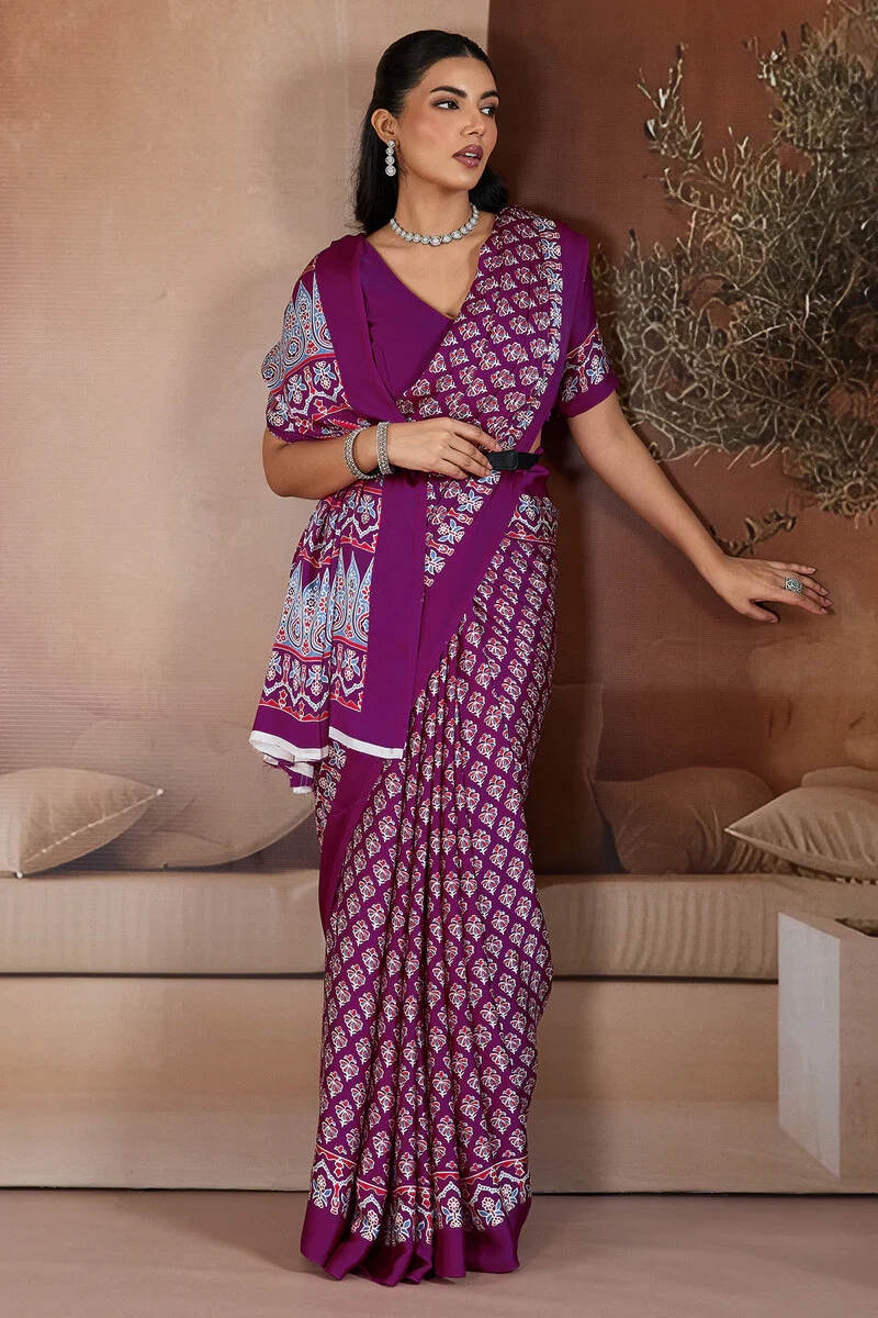 Lissome Purple Ajrakh Printed Satin Silk Saree With Desultory Blouse Piece - Image 5