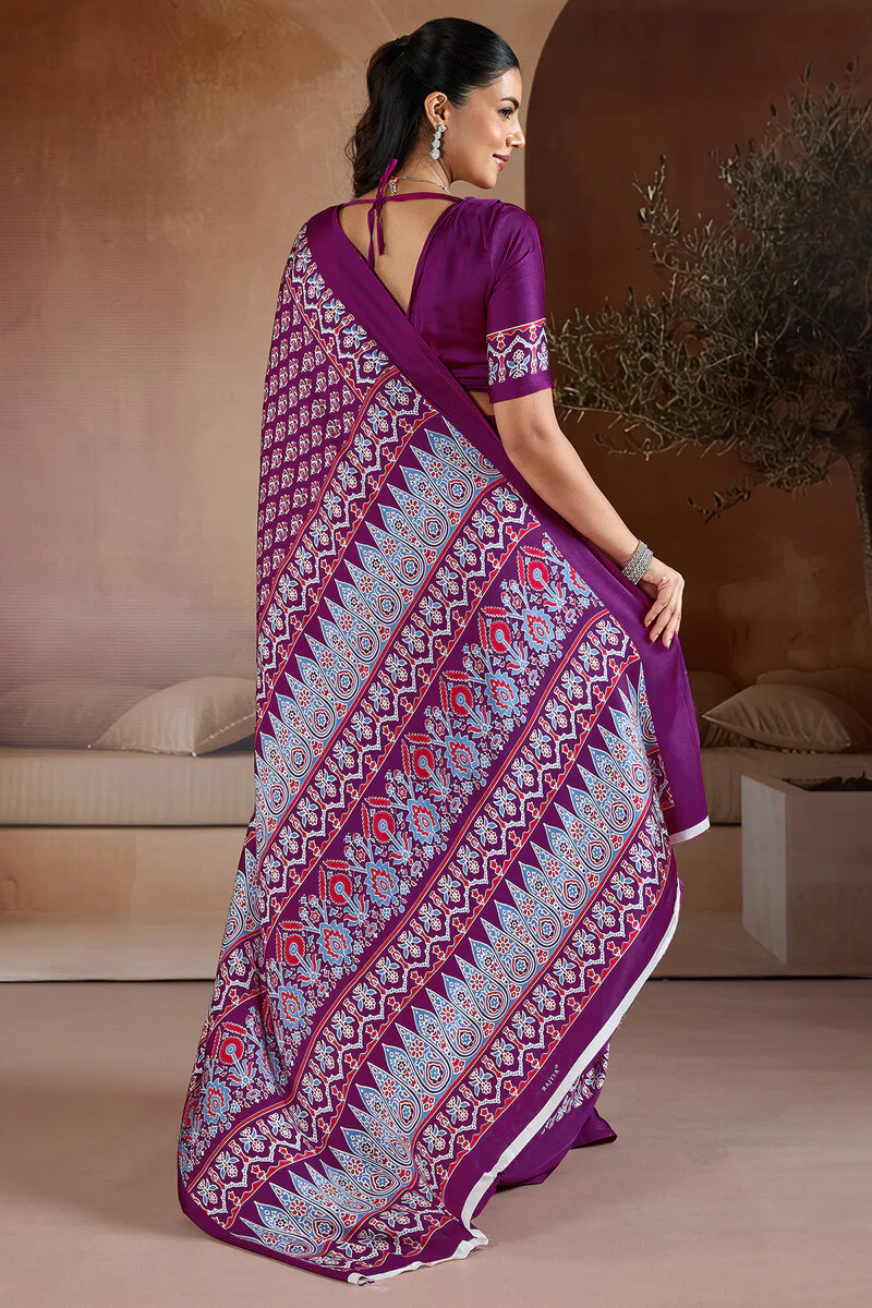Lissome Purple Ajrakh Printed Satin Silk Saree With Desultory Blouse Piece - Image 6