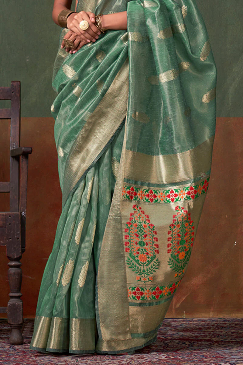 Lissome Sea Green Paithani Pure Tissue Silk Saree With Ailurophile Blouse Piece - Image 3
