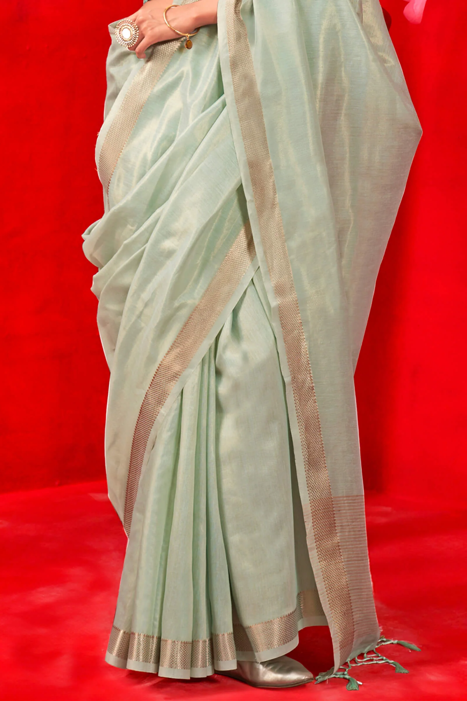 Lissome Sea Green Soft Banarasi Tissue Silk Saree With Beauteous Blouse Piece - Image 3