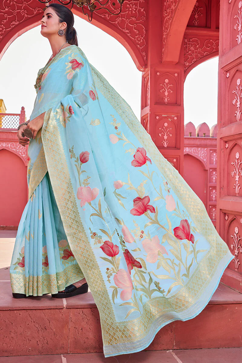 Lissome Sky Cotton Silk Saree With Serendipity Blouse Piece - Image 4