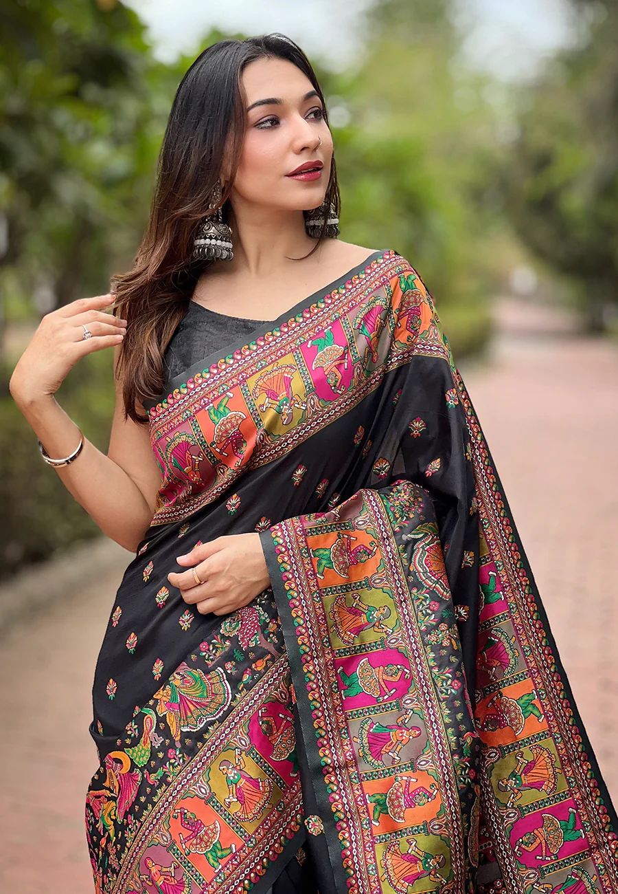 Lovely Black Nylon Dola Pashmina Saree With Precious Blouse Piece - Image 2