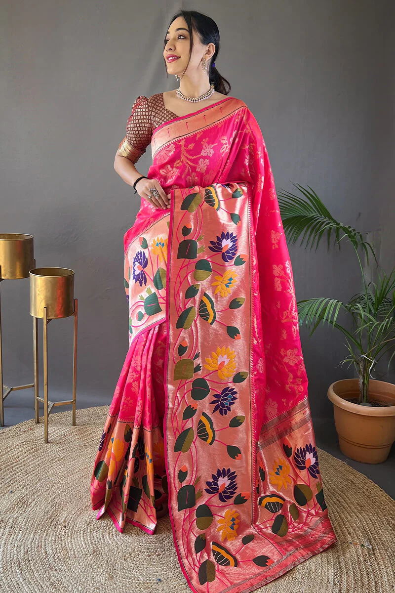 Lovely Dark Pink Paithani Silk Saree With Mesmerising Blouse Piece