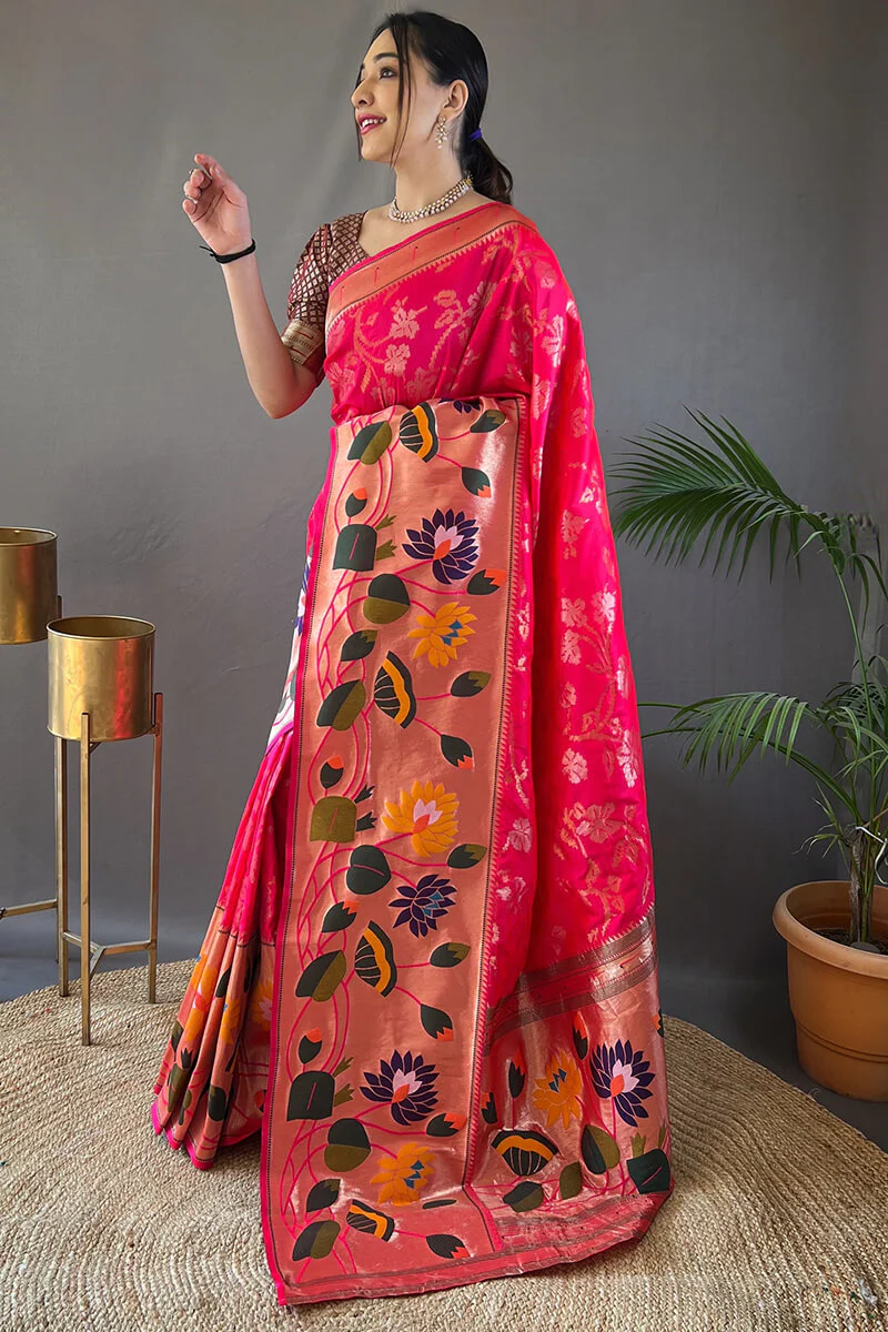 Lovely Dark Pink Paithani Silk Saree With Mesmerising Blouse Piece - Image 3