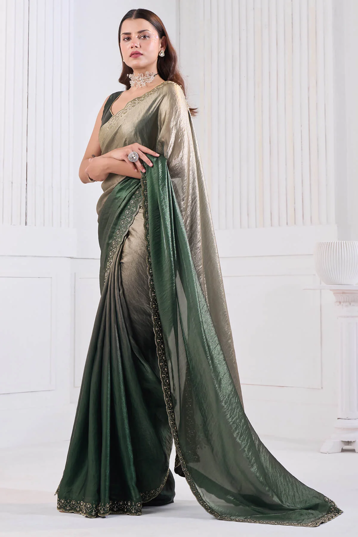 Lovely Green Jarkan Work Fandy Silk Saree - Image 3