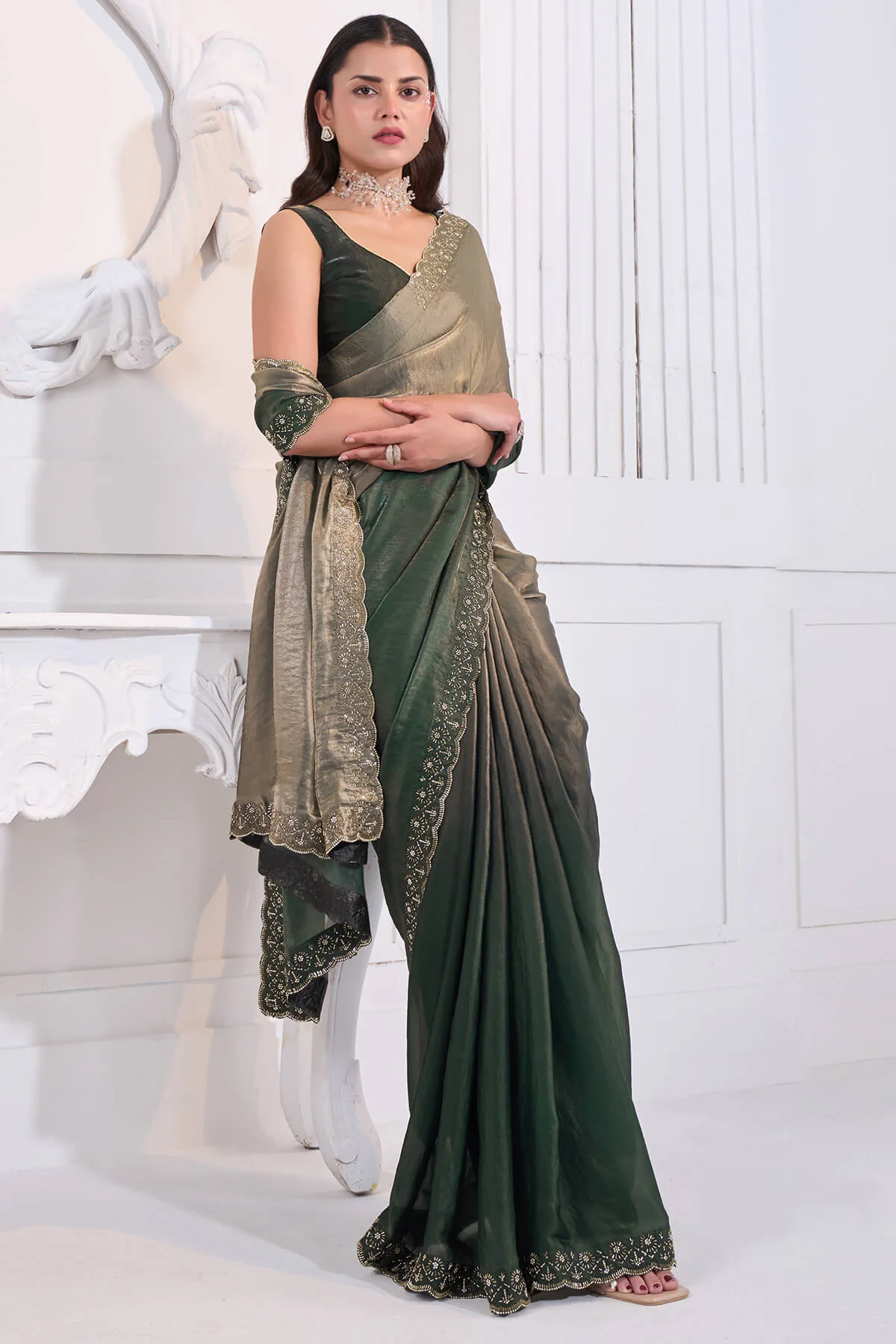 Lovely Green Jarkan Work Fandy Silk Saree - Image 5