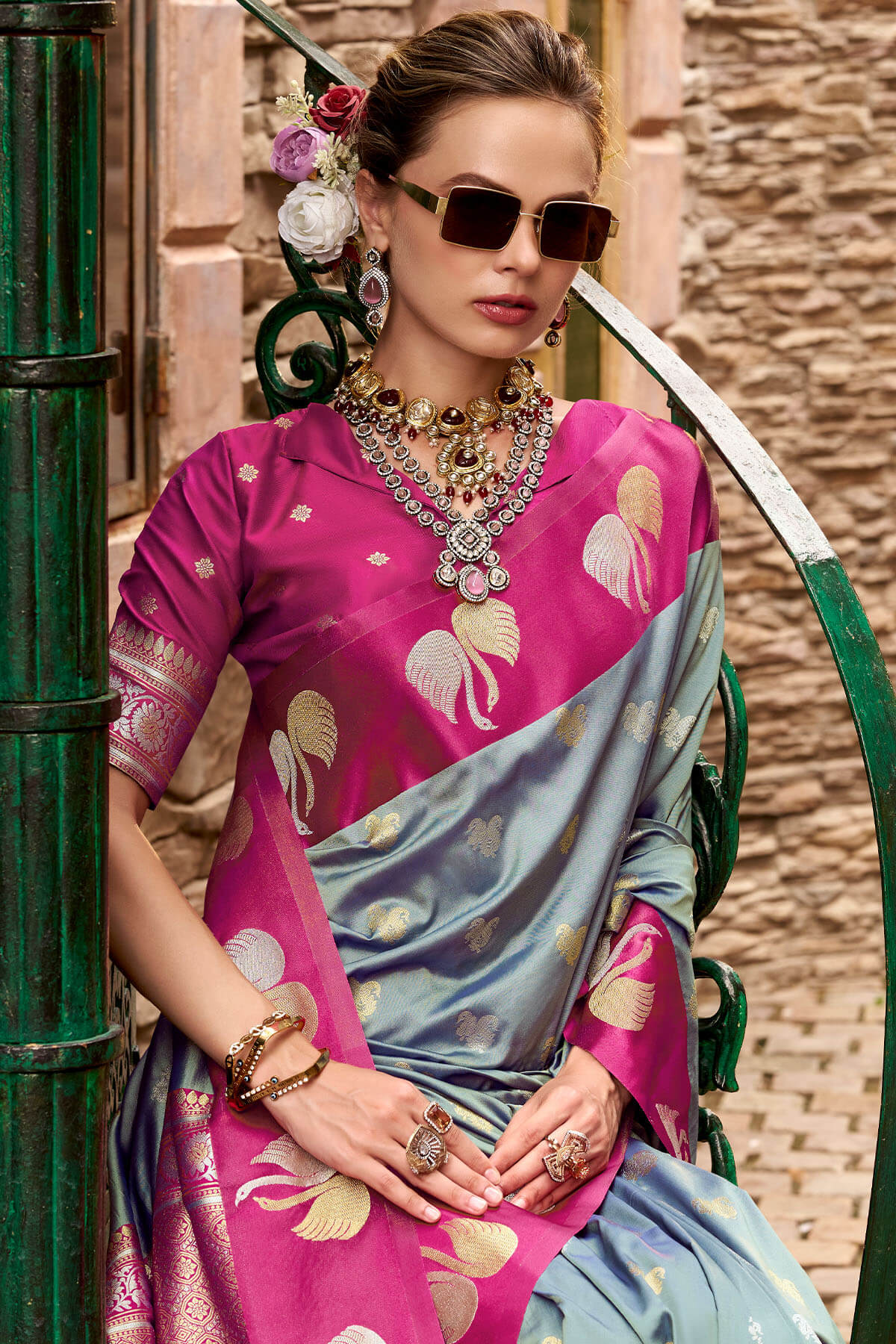 Lovely Grey Banarasi Satin Silk Saree With Mesmerising Blouse - Image 2