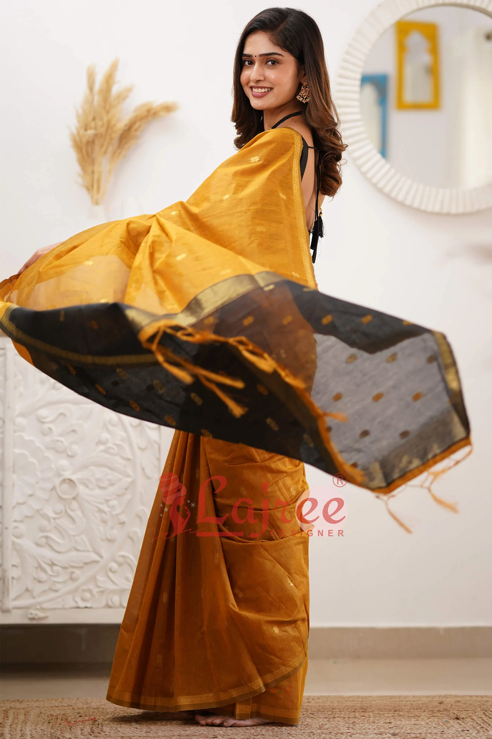 Lovely Mustard Cotton Silk Saree With Refreshing Blouse Piece - Image 3