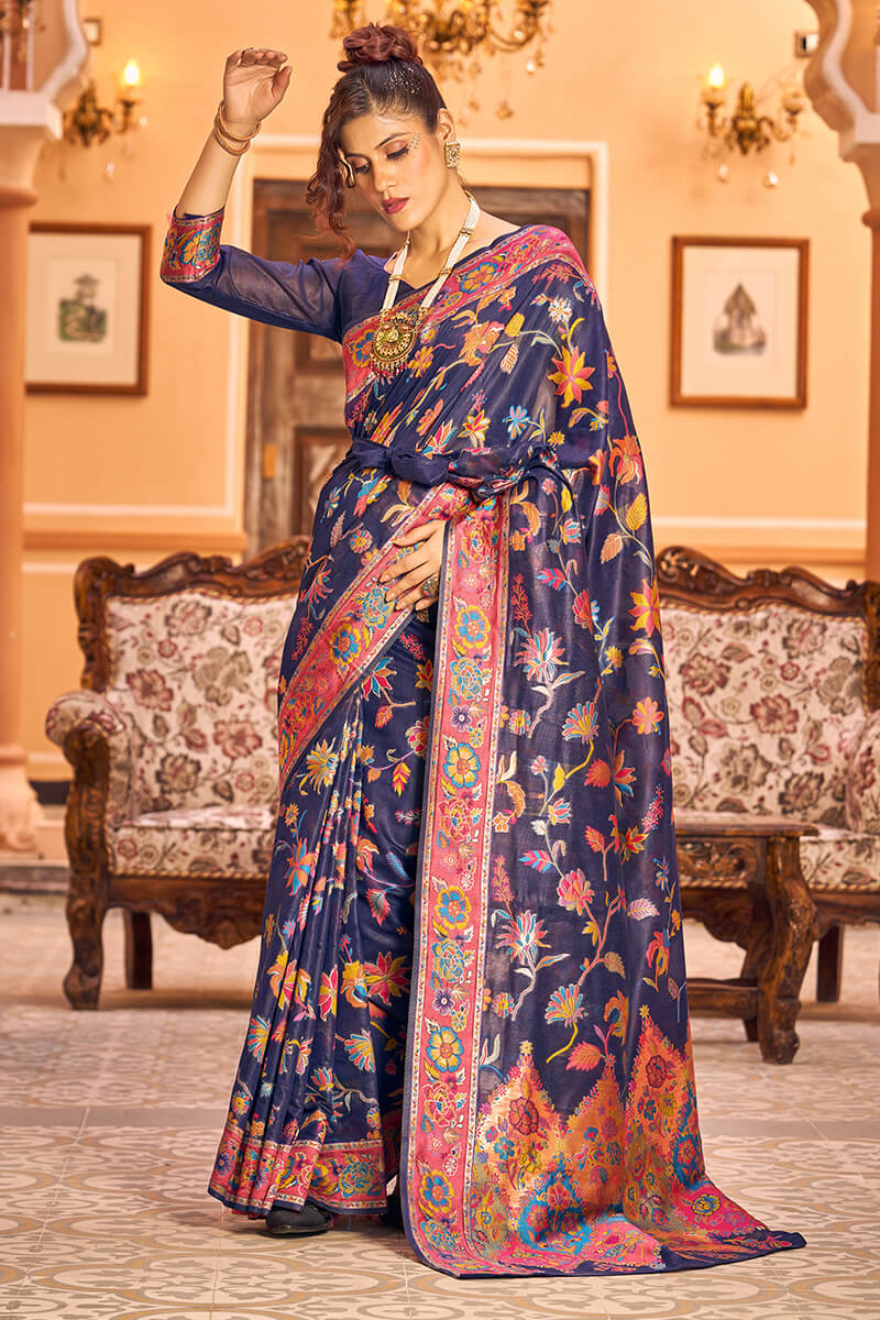 Lovely Navy Blue Linen Silk Saree With Engrossing Blouse Piece - Image 3