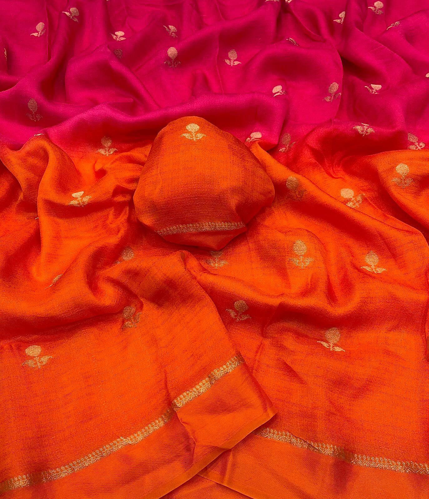 Lovely Pink and Orange Banarasi Khadi Silk Saree With Unique Blouse Piece - Image 3