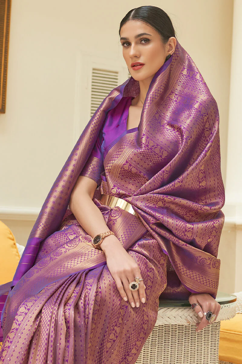 Lovely Purple Kanjivaram Silk Saree With Girlish Blouse Piece - Image 2