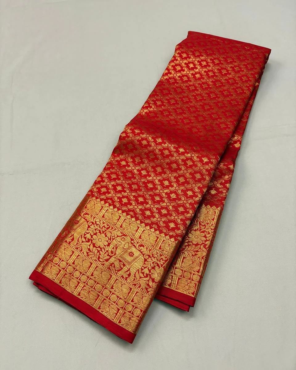 Lovely Red Soft Banarasi Silk Saree With Precious Blouse Piece - Image 3