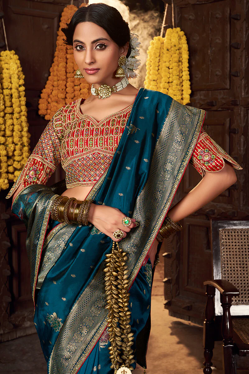 Lovely Teal Blue Pure Viscose Dola Silk Saree With Exceptional Blouse Piece - Image 2