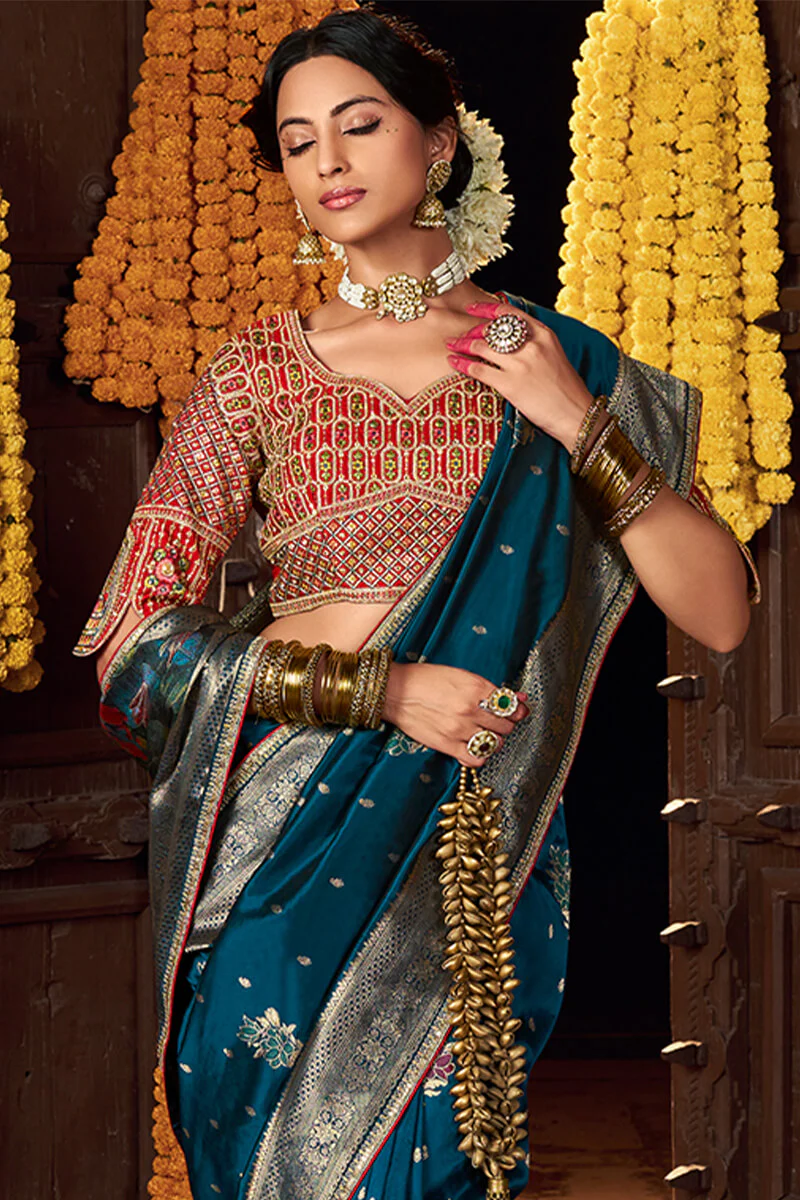 Lovely Teal Blue Pure Viscose Dola Silk Saree With Exceptional Blouse Piece - Image 3