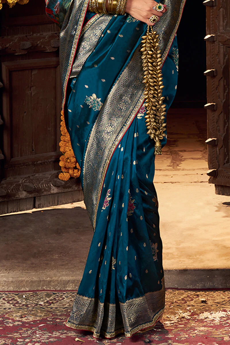 Lovely Teal Blue Pure Viscose Dola Silk Saree With Exceptional Blouse Piece - Image 4