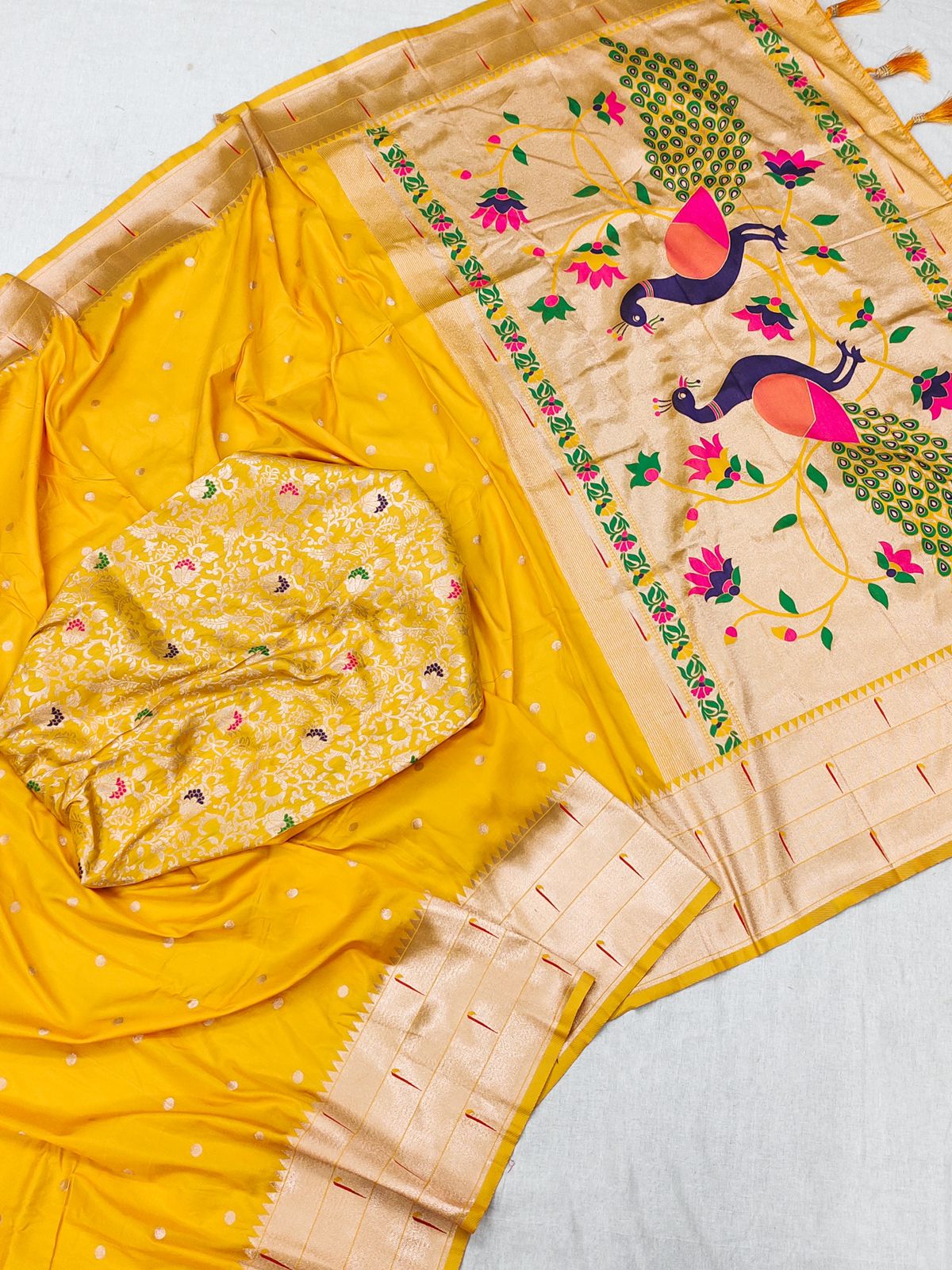 Lovely Yellow Paithani Silk Saree With Gorgeous Blouse Piece - Image 2