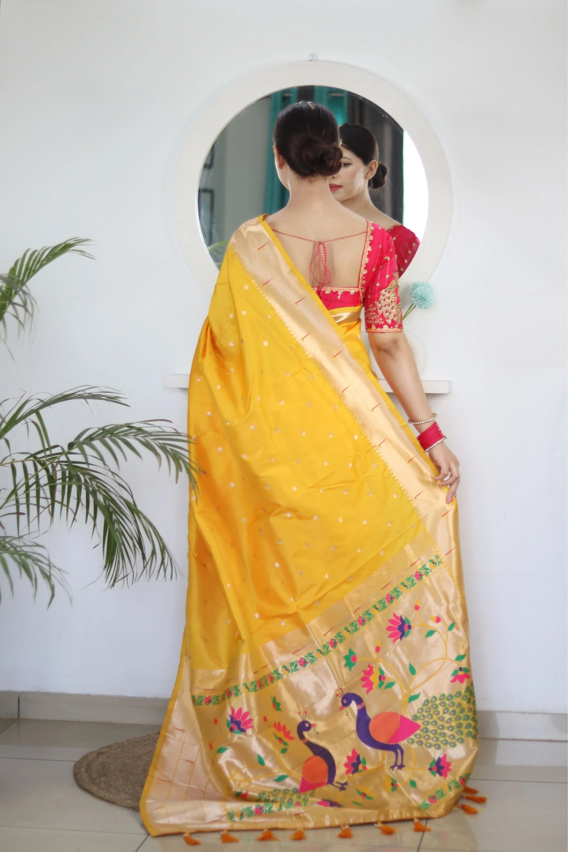 Lovely Yellow Paithani Silk Saree With Gorgeous Blouse Piece - Image 6