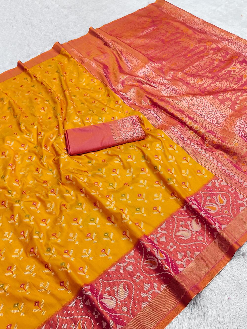 Lovely Yellow Pure Zari Weaving Banarasi Silk Saree With Unique Blouse Piece