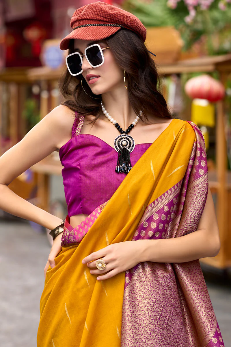 Lovely Yellow Soft Banarasi Silk Saree With Flaunt Blouse Piece - Image 3