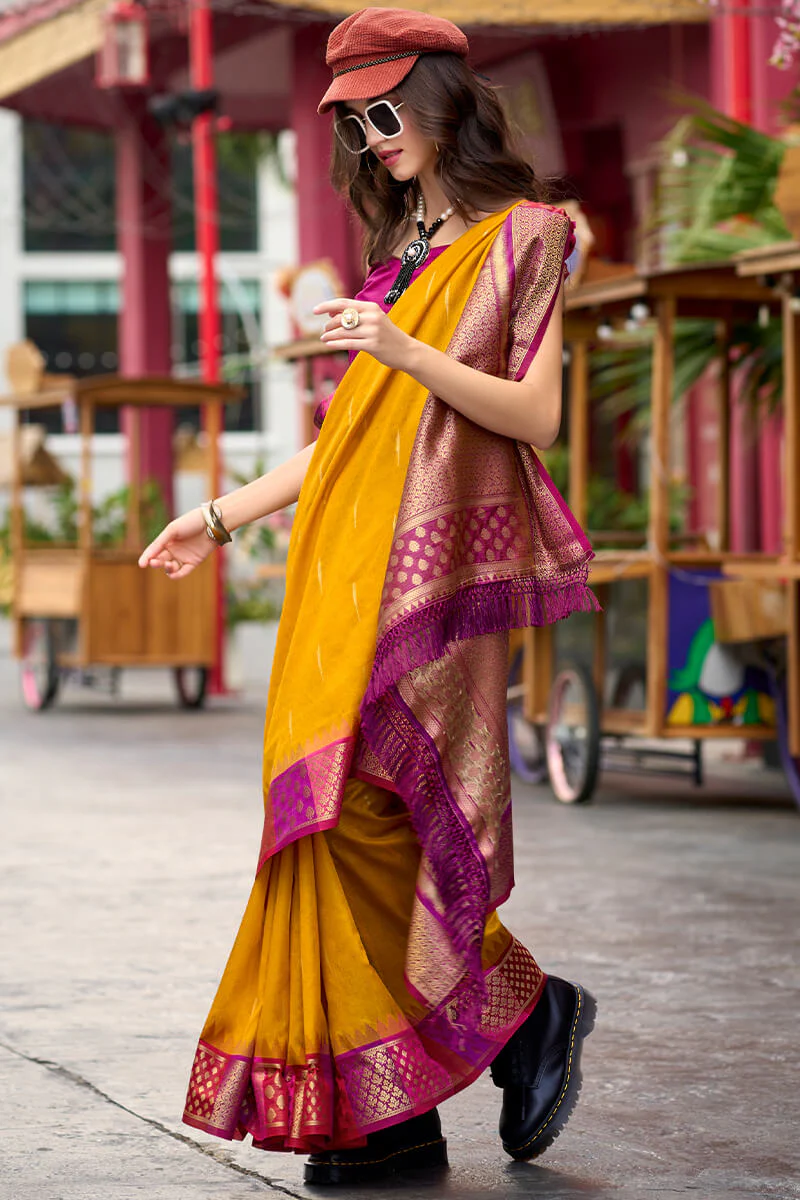 Lovely Yellow Soft Banarasi Silk Saree With Flaunt Blouse Piece - Image 4