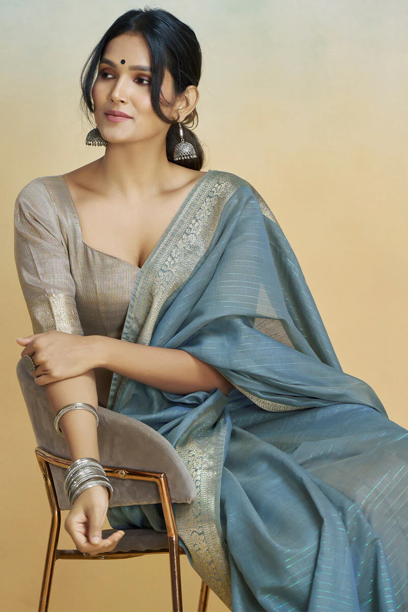Luminous Dark Grey Cotton Silk Saree With Ailurophile Blouse Piece - Image 2