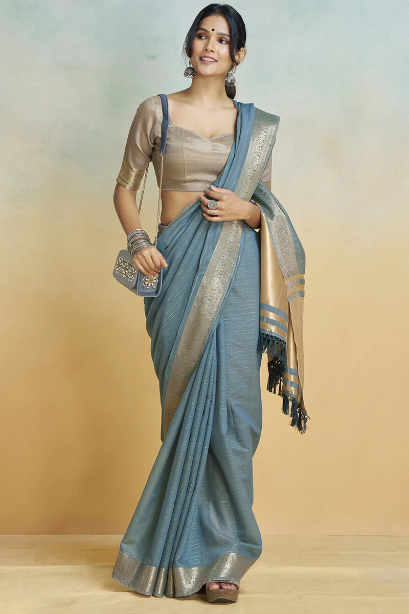 Luminous Dark Grey Cotton Silk Saree With Ailurophile Blouse Piece - Image 3