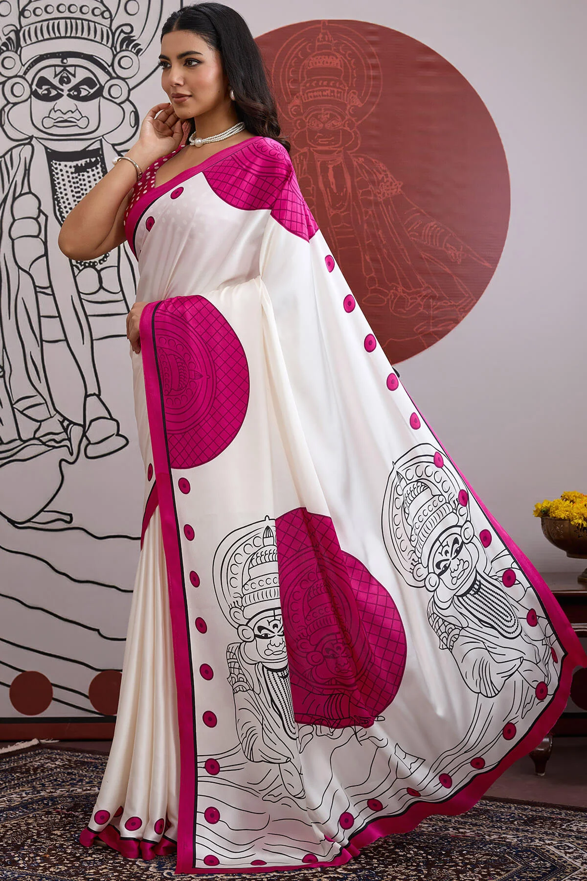 Luminous Off White and Pink Ajrakh Printed Satin Silk Saree With Phenomenal Blouse Piece - Image 3