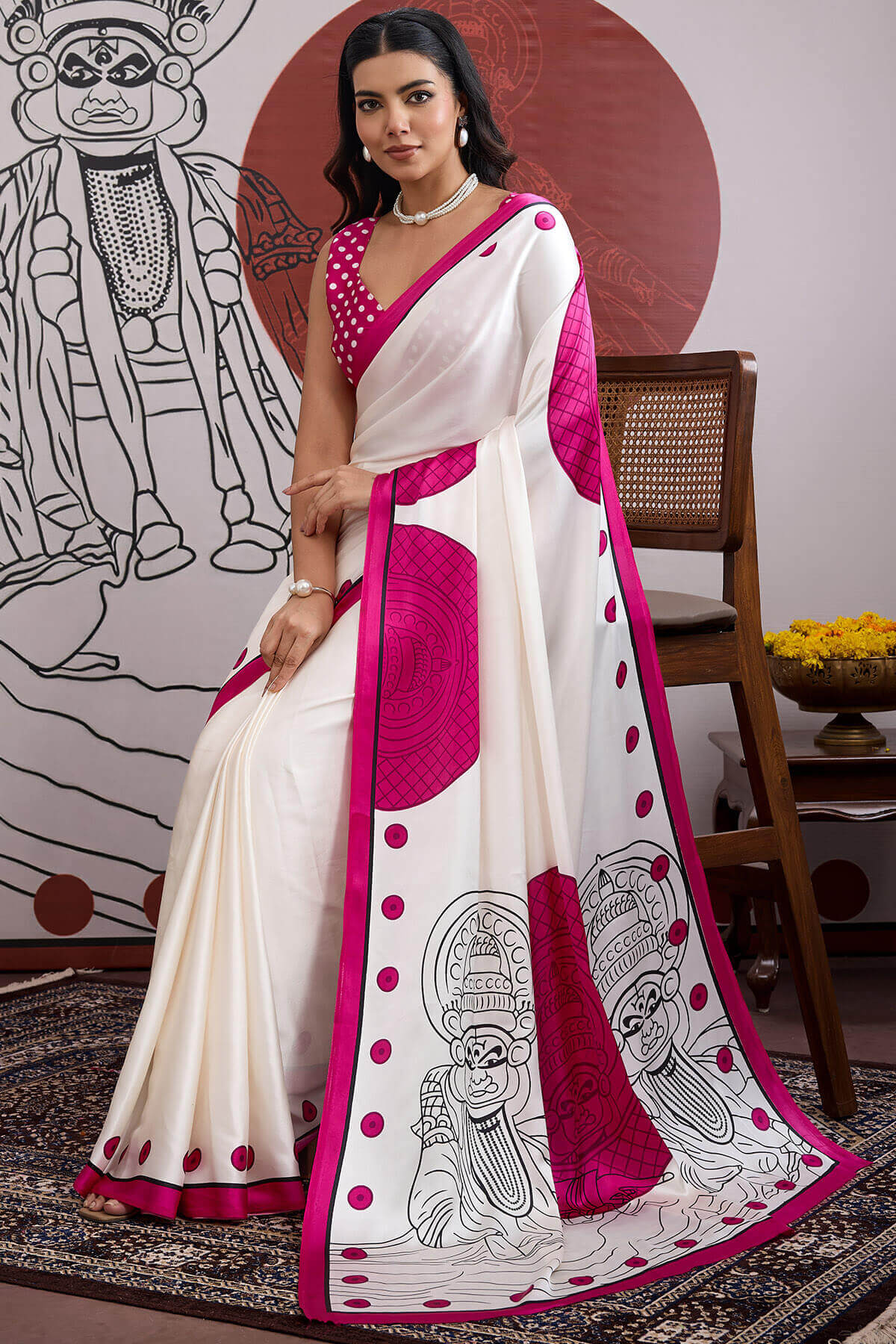 Luminous Off White and Pink Ajrakh Printed Satin Silk Saree With Phenomenal Blouse Piece - Image 5
