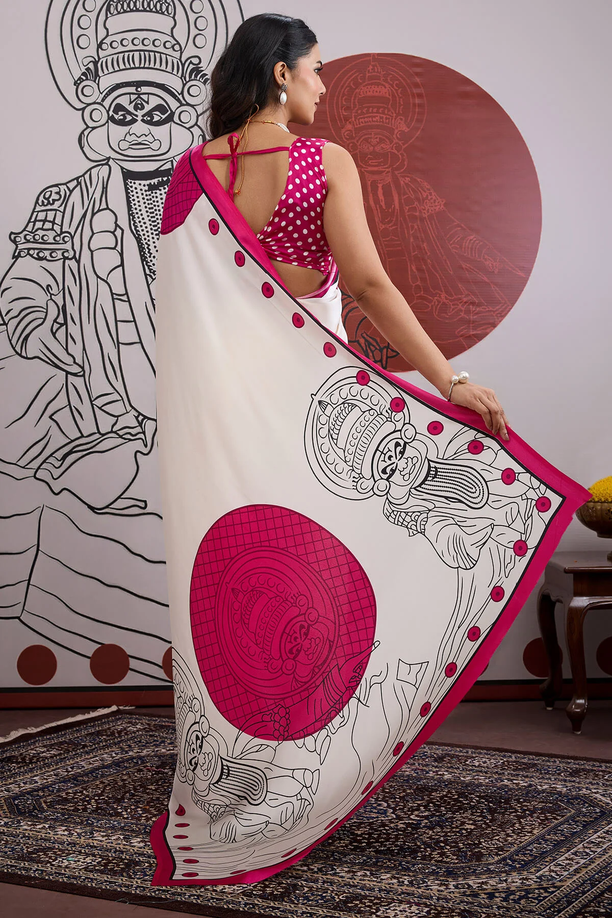 Luminous Off White and Pink Ajrakh Printed Satin Silk Saree With Phenomenal Blouse Piece - Image 6
