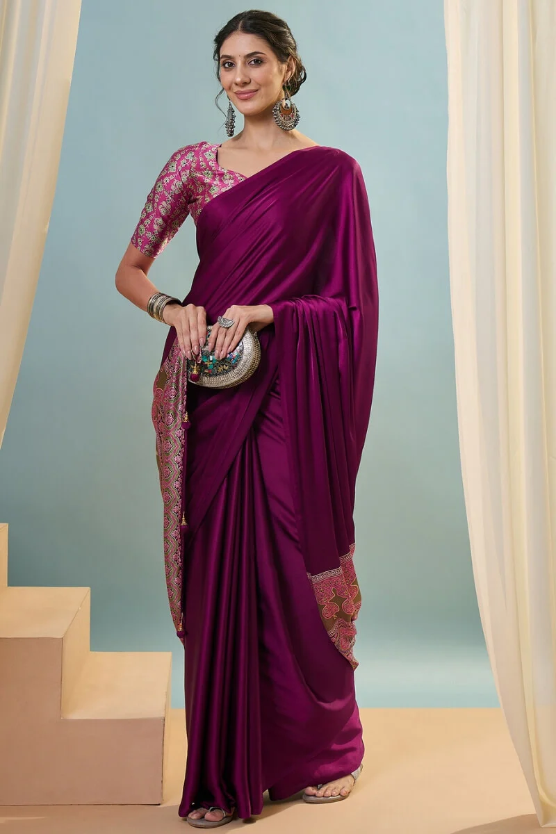 Luminous Purple Ajrakh Printed Semi Modal Silk Saree With Lustrous Blouse Piece - Image 3