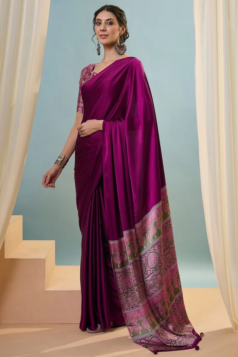 Luminous Purple Ajrakh Printed Semi Modal Silk Saree With Lustrous Blouse Piece - Image 5