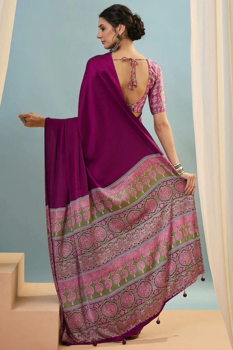 Luminous Purple Ajrakh Printed Semi Modal Silk Saree With Lustrous Blouse Piece - Image 7