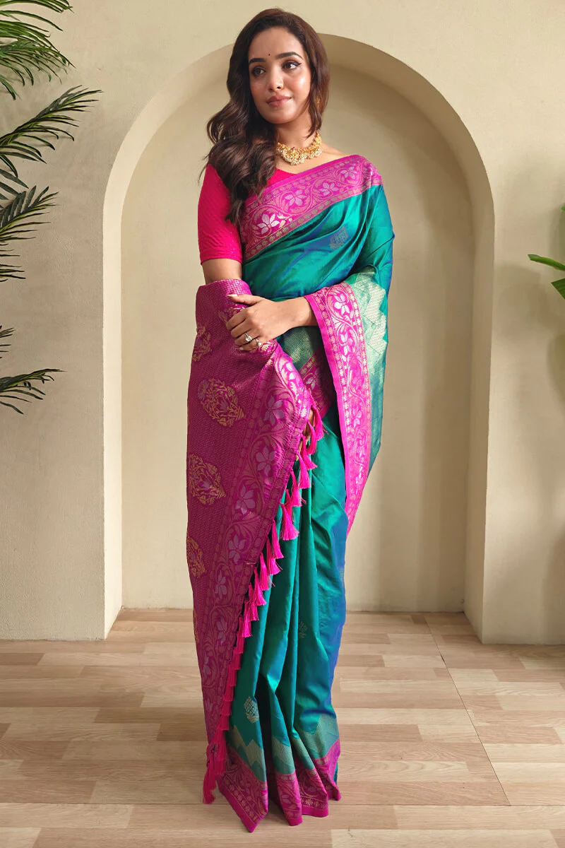 Luminous Rama Soft Banarasi Silk Saree With Ethereal Blouse Piece - Image 2
