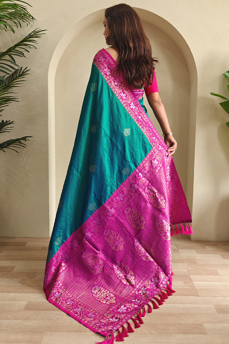 Luminous Rama Soft Banarasi Silk Saree With Ethereal Blouse Piece - Image 3