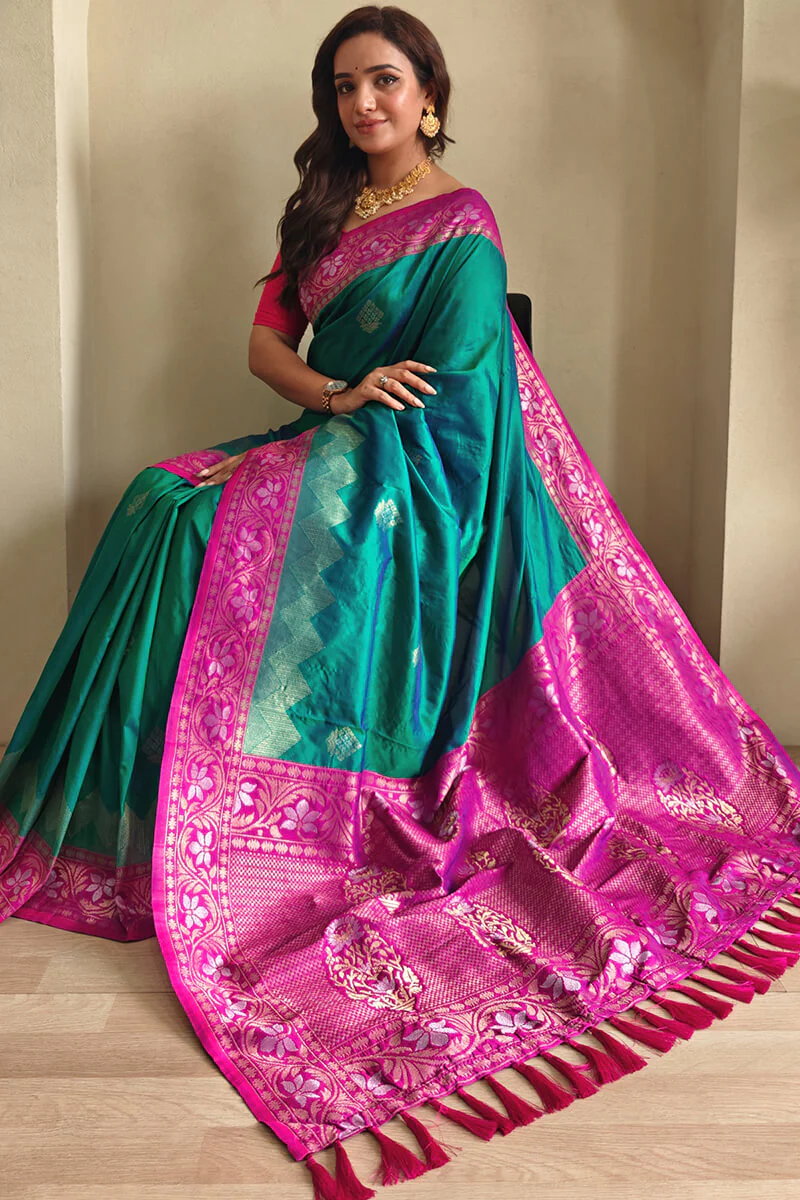 Luminous Rama Soft Banarasi Silk Saree With Ethereal Blouse Piece - Image 4