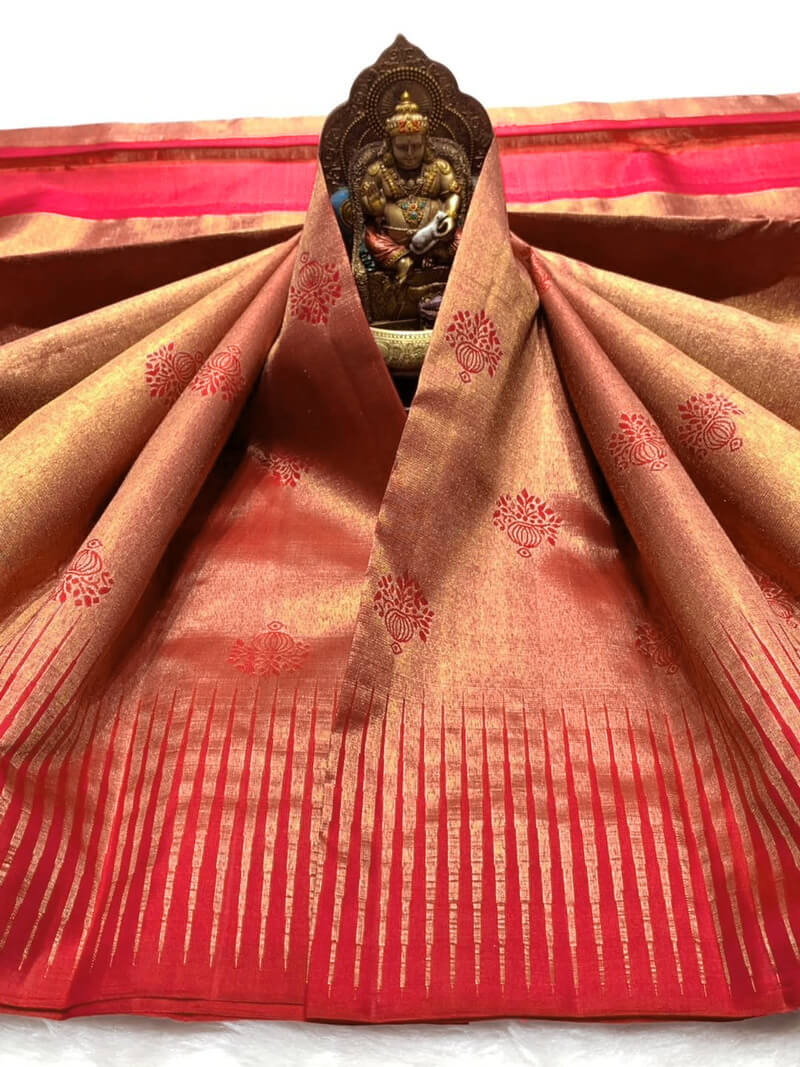 Luminous Red Pure Zari Weaving Banarasi Silk Saree With Snappy Blouse Piece - Image 2
