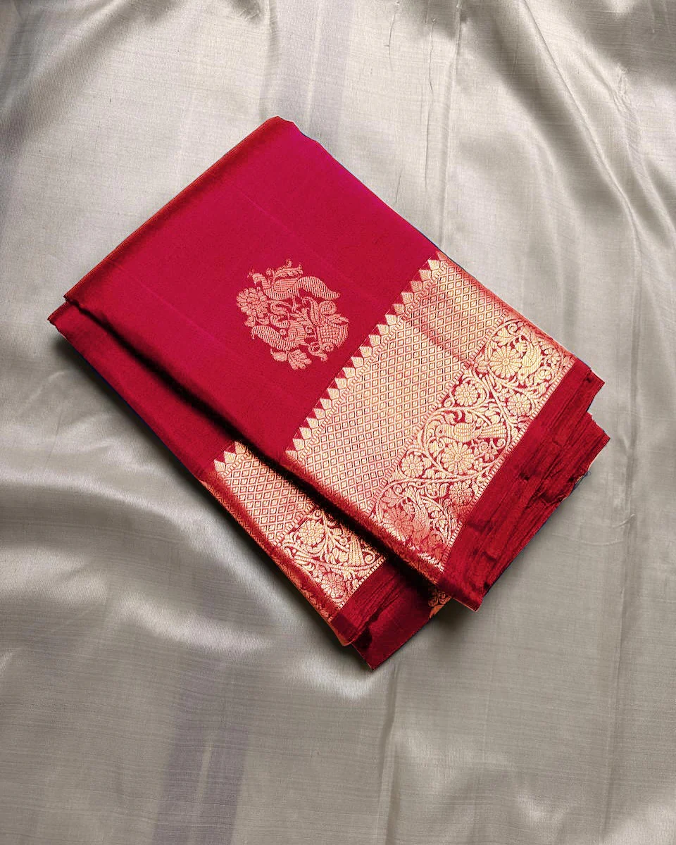 Luminous Red Soft Banarasi Silk Saree With Dissemble Blouse Piece - Image 2