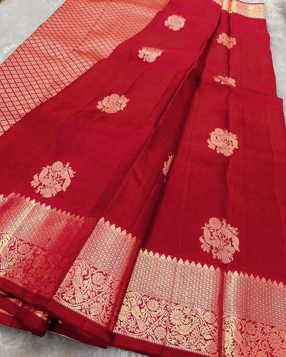 Luminous Red Soft Banarasi Silk Saree With Dissemble Blouse Piece - Image 3