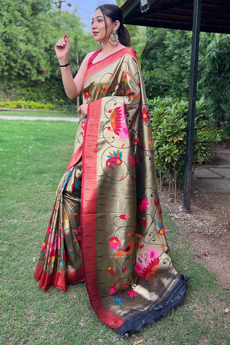 Lustrous Mehndi Paithani Silk Saree With Sizzling Blouse Piece - Image 3